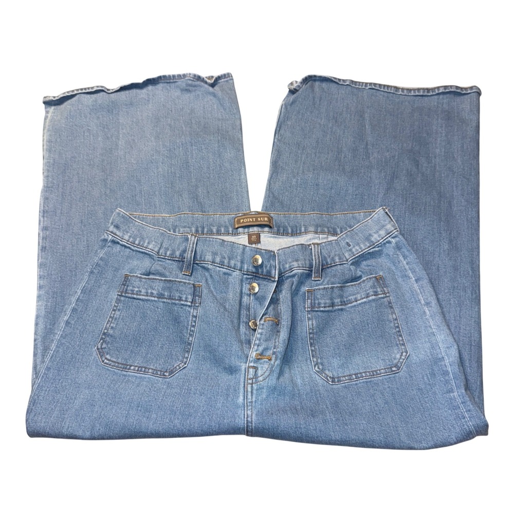 Point Sur Denim Trousers 35 Blue Wide Leg Button Fly Patch Pockets cropped
